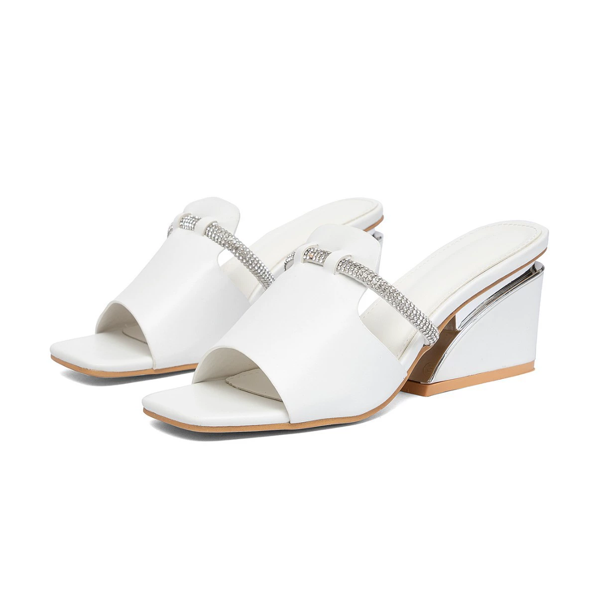 【Хит продаж 2025】Модные универсальные женские уличные шлепанцы на массивном квадратном каблуке, украшенные стразами цвета светлого абрикоса