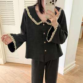 慕斯羊绒加绒春秋睡衣女翻领简约套装宽松舒适柔和家居可外穿