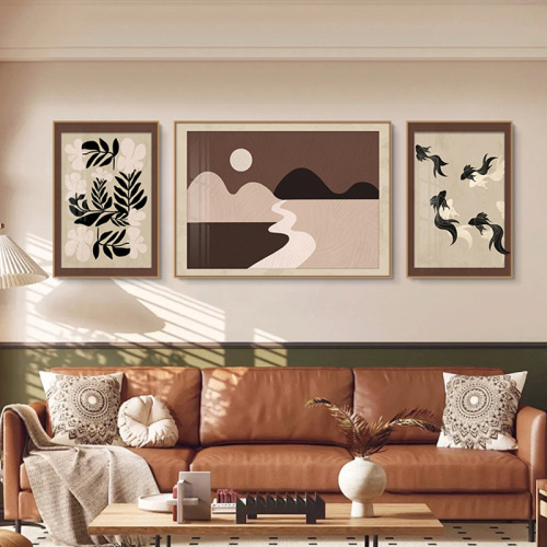 Retro luxurious sofa background wall hanging painting, antique-style living room decoration, niche art triptych abstract wall art