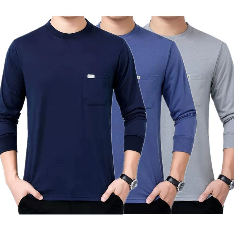 Футболка с длинными рукавами для средних лет, Мужская однотонная осенняя одежда, свободная Базовая рубашка с круглым вырезом для пожилых людей, Мужская одежда для папы