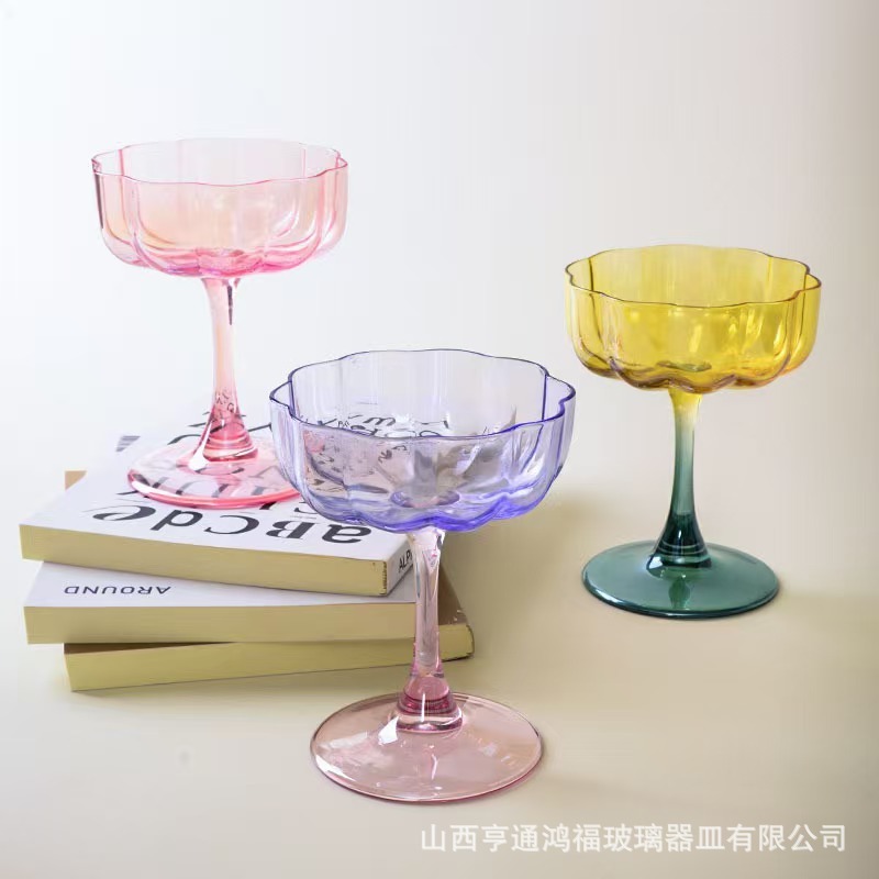 中古法式花瓣高脚杯高颜值起泡香槟杯红酒杯玻璃杯雪糕杯甜品杯子|undefined