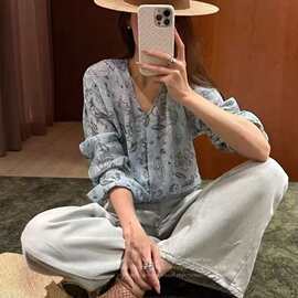 26春夏新款重磅百分百苎麻印花衬衣V领设计上衣141