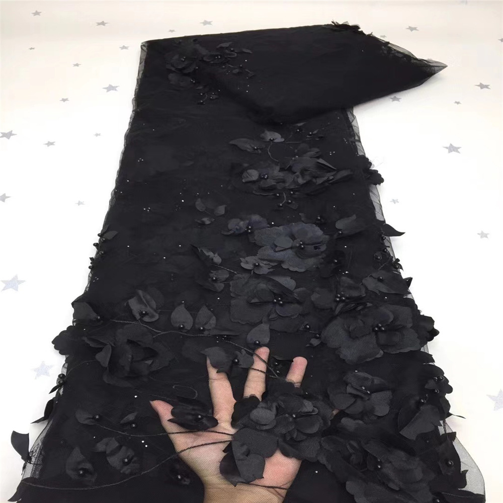 3D bordado tela de malla hecha a mano con cuentas tridimensional bordado tela primavera y verano ropa vestido de tela en stock venta al por mayor
