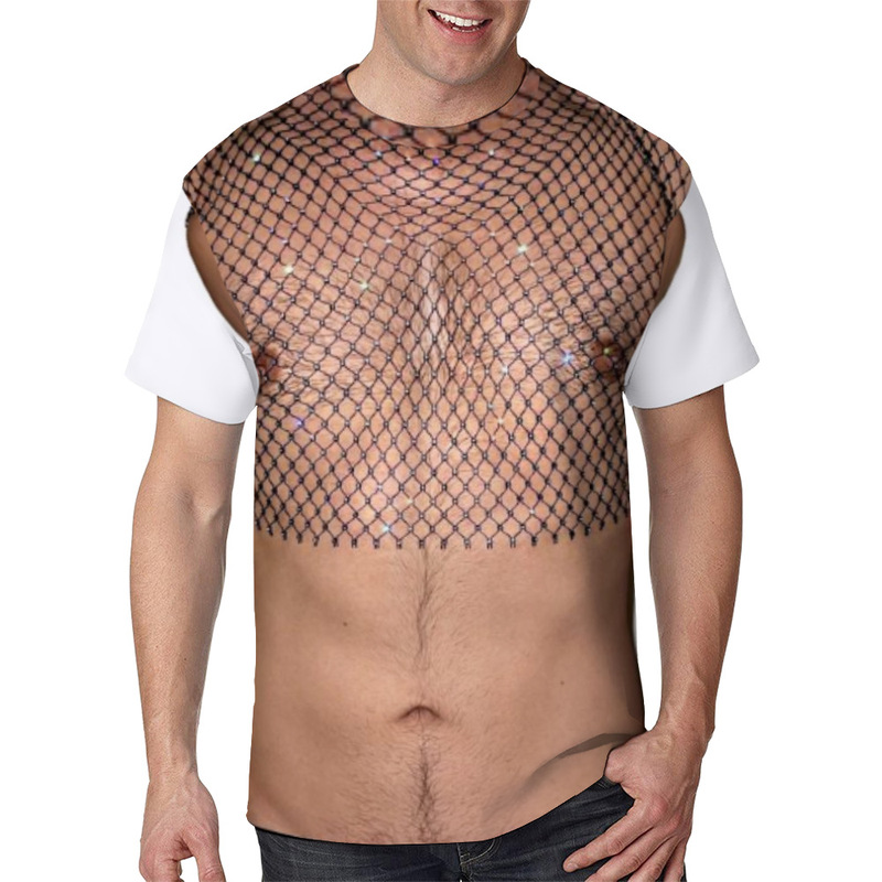 3D Cross-border Foreign Trade Three-dimensional Fake Muscle Fishing Net Stage Show Fun Men's Sexy Top Short-sleeved T-shirt New
