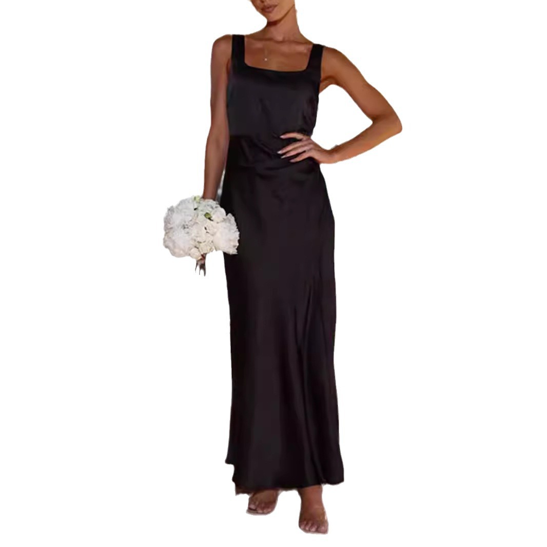 2025亚马逊欧美缎面方领露背开衩长连衣裙