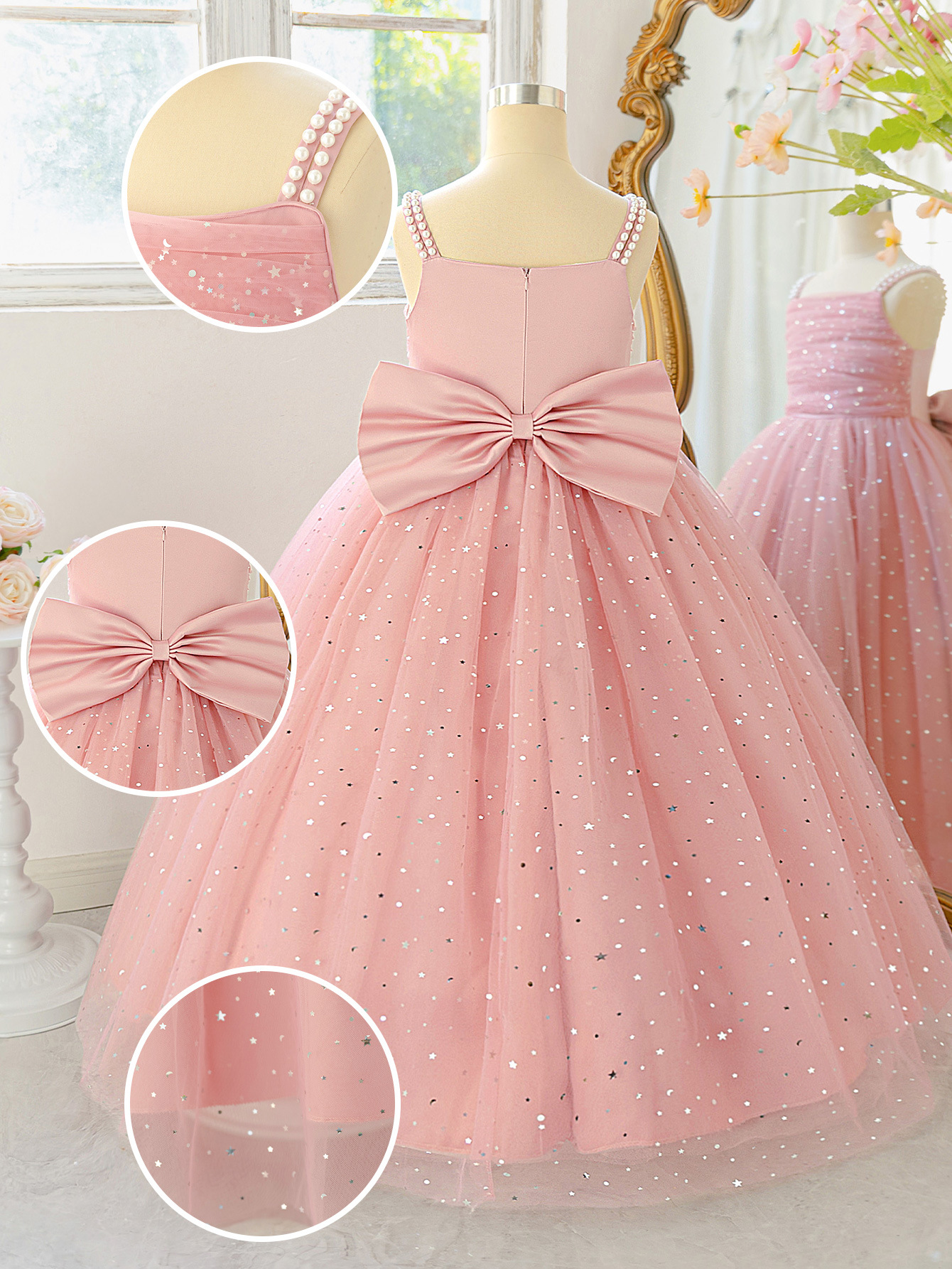Vestido de niñas perlas esbellas esbellas de acero vestido de princesa gran arco vestido de niños vestido largo piano