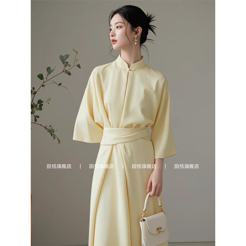 Shenzhen Nanyou New Chinese Style Yellow Dress for Women 2025 Early Spring New Light Luxury Formal Occasion Elegant Dress