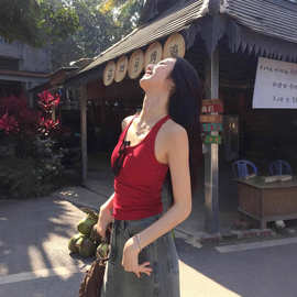 红色带胸垫吊带背心女外穿夏季辣妹性感修身显瘦工字短款上衣