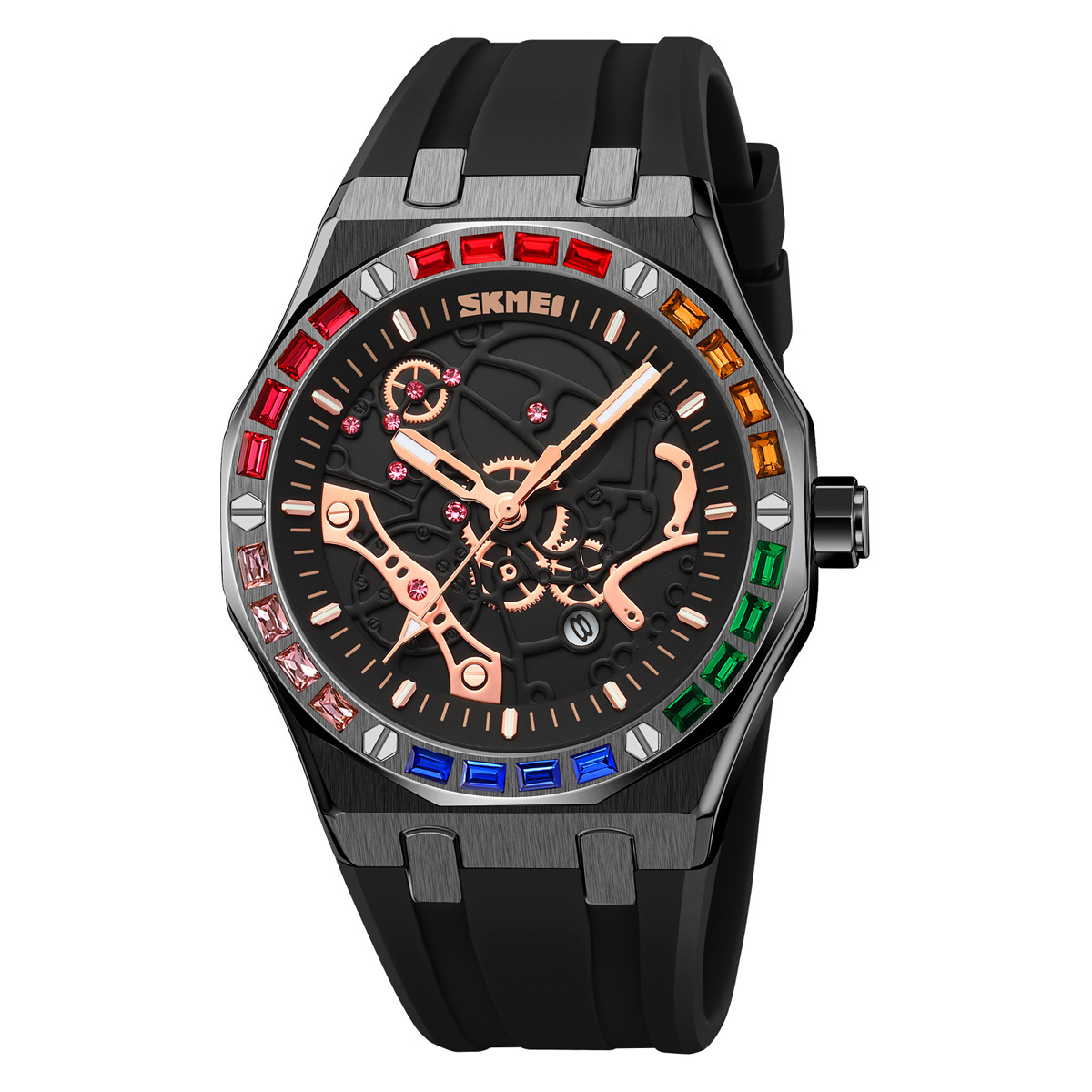 Momento de los Estados Unidos transfronterizos exclusivos para hombres reloj de pulsera de diamante de color octagonal viento mecánico silicona correa impermeable relojes de cuarzo al por mayor