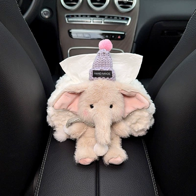 Elephant Accessory for Women, Car tissue box/set - l-gray-hat-gray-scarf-gray-elephant-armrest-white-velvet-bag