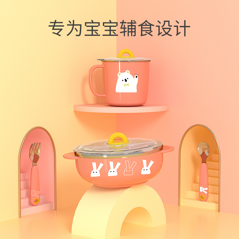 316L de acero inoxidable Los niños vajilla traje suplemento alimenticio bebé lechón tazón taza agua babero tenedor cuchara
