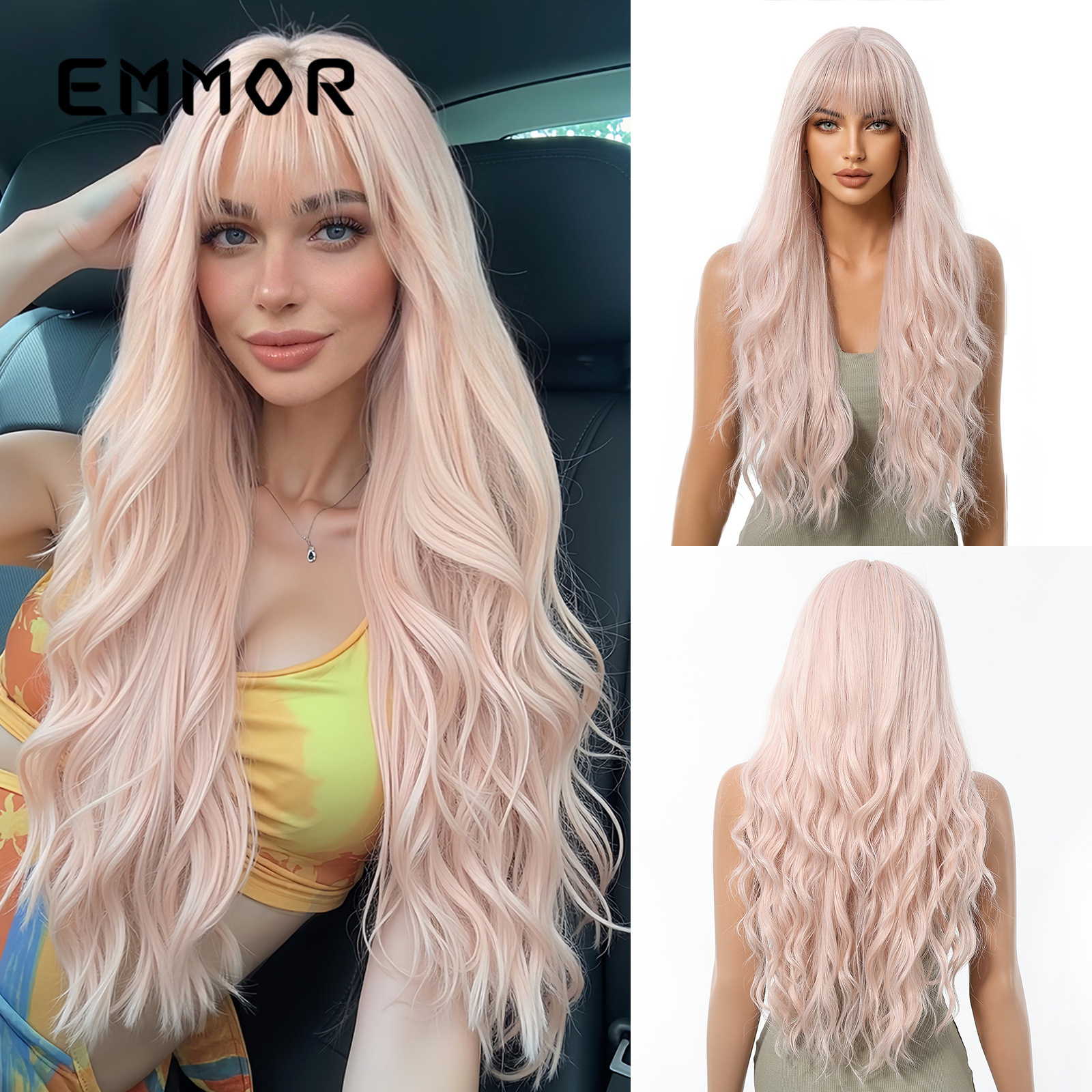 Comercio exterior nuevo aire flequillo estilo europeo y americano té con leche marrón ondas grandes cabello largo y rizado peluca cabello completo wigs