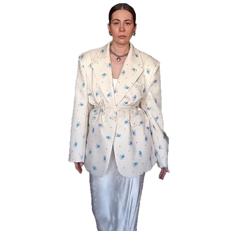 欧米のクロスボーダー婦人服2025春夏新作ファッションゆるいデザイン感プリントストラップ長袖スーツジャケット|undefined