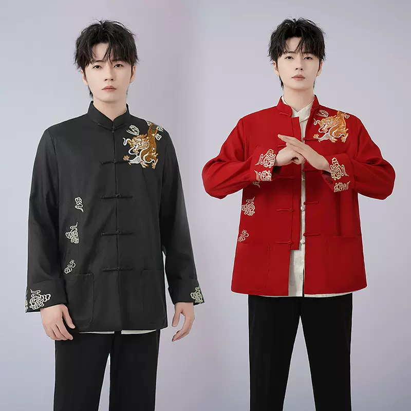 2025春秋新款唐装男衬衫套装长袖中老年太极服中国风晨练表演批发