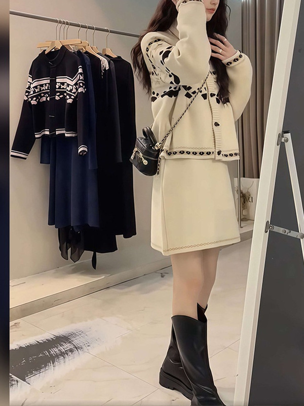 温柔风法式针织两件套裙女春秋2025新款毛衣外套短裙高级感套装裙|undefined