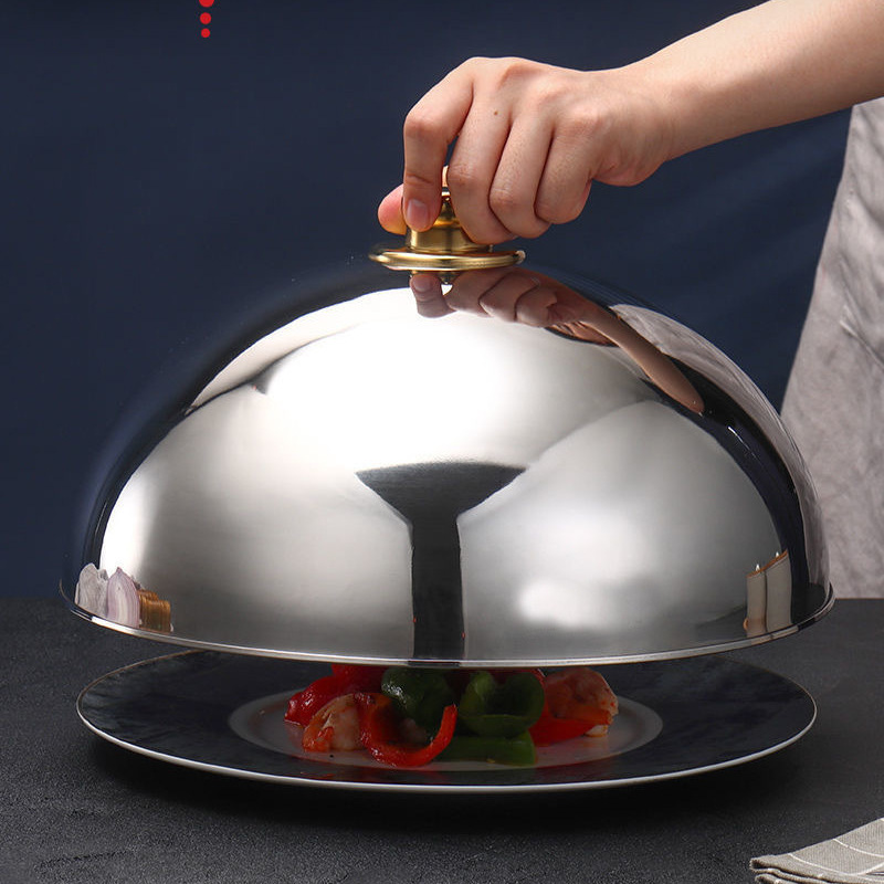 金色の皿蓋、洋食サービングプレート、高級ホテルの蓋付きステンレストレイ、ステーキプレート、サービングプレート、サービングプレート|undefined