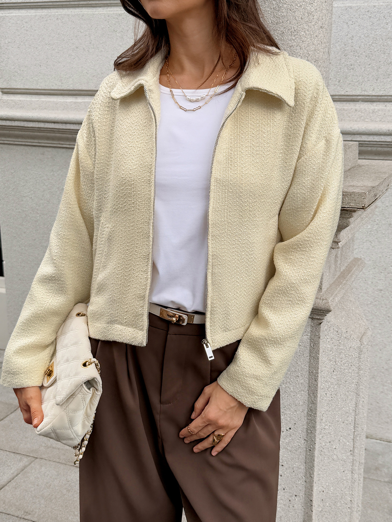 Women's Casual Long Sleeve Jacket – Lightweight Wrinkle-Free Coat With Stand Collar & Zip Front (S-XL, Beige)​_ecoleips.com