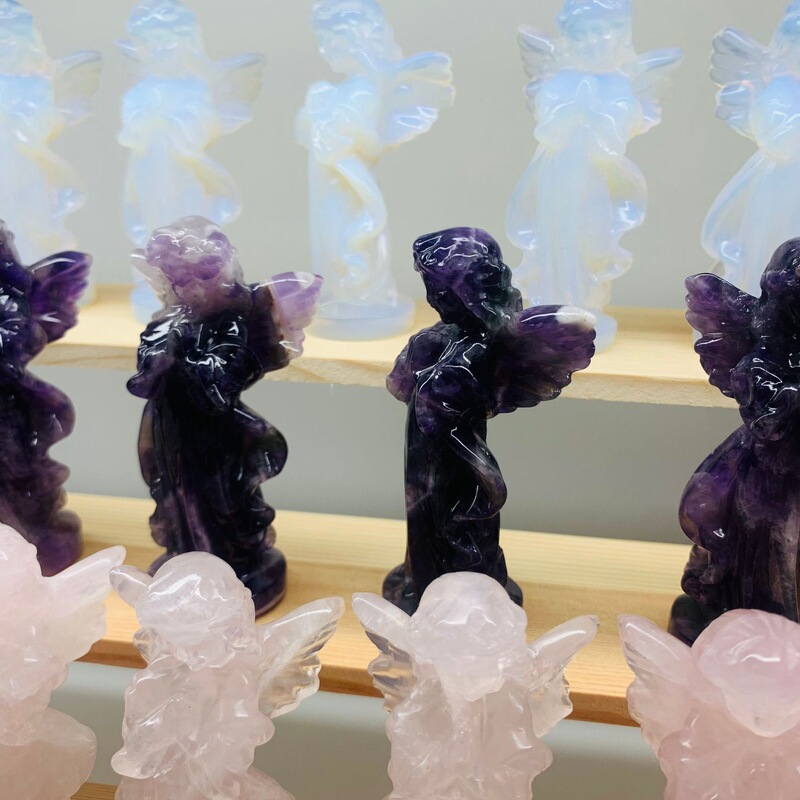 梦幻紫 蛋白石 粉晶雕刻天然水晶天使小摆件 家居办公桌面装饰品 图 4