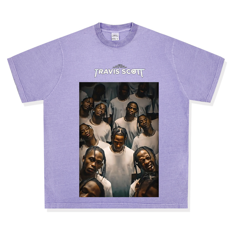 Bc Europa y América calle hip hop Travis Scott rap personaje impreso lavado apenado suelta manga corta Camiseta de los hombres