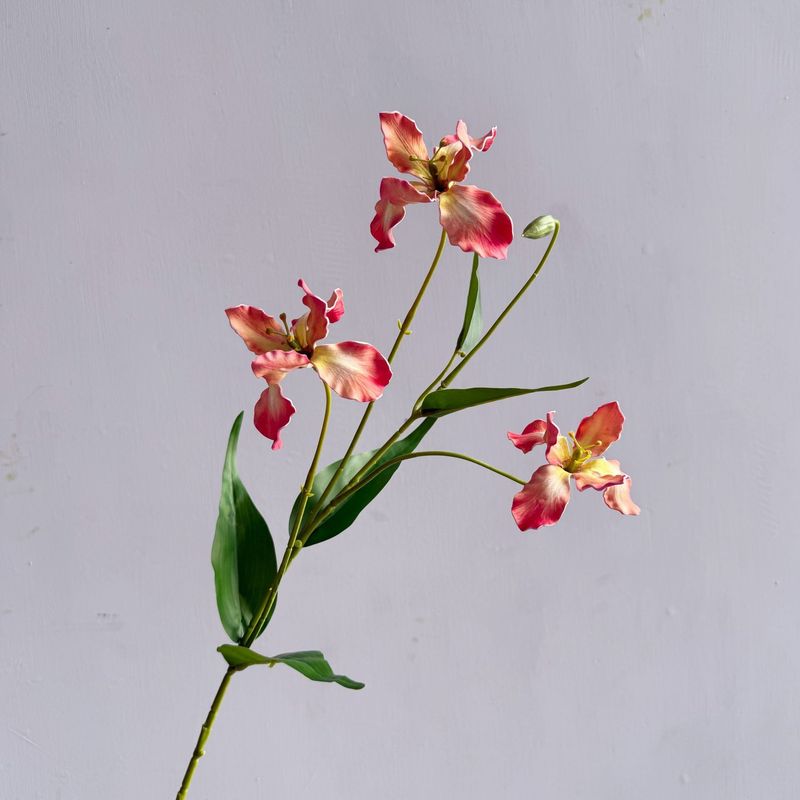 造花、油絵、3頭の小さなアイリス蘭、高品質ショッピングモールの窓、花と風景のアレンジメント、炎のユリ|undefined
