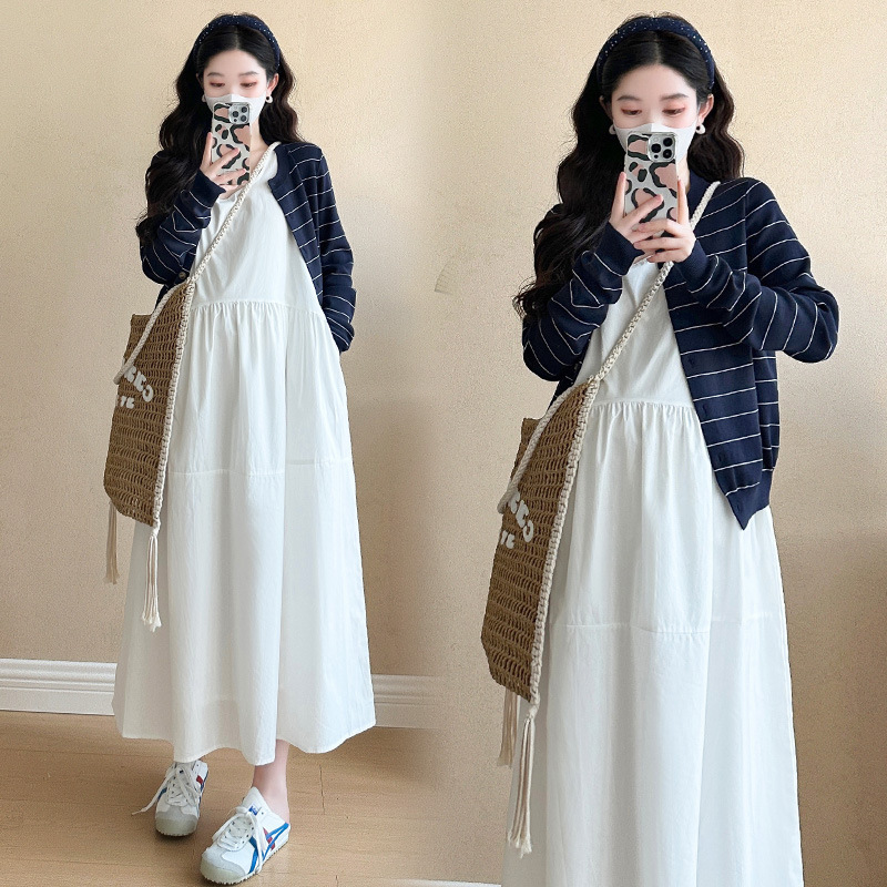 in stock 2025 spring and summer pregnant women suit Korean simple lazy style vest skirt blue cardigan pregnant women two-piece set