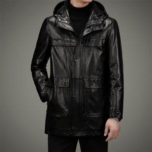Autumn and Winter Haining New Style Retro Wax Goatskin Men's Hooded Casual Removable Down Liner Leather Clothing