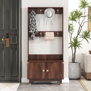 Solid Wood Coat Rack Walnut Color Chinese-Style Foyer Cabinet Entryway Partition Solid Wood Shoe Cabinet Coat Rack Shoe-Changing Bench Entryway
