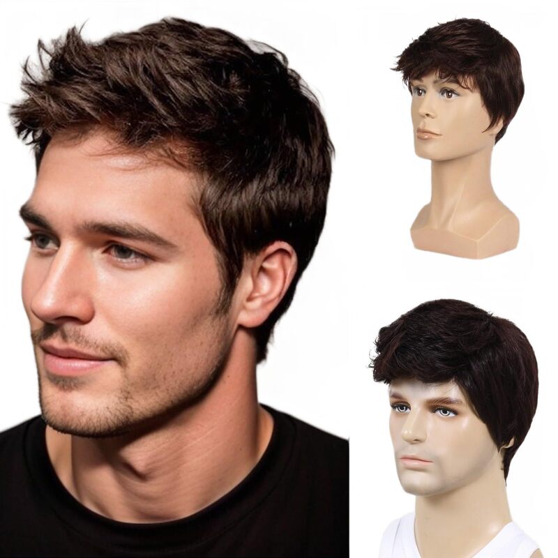 Cross-border European and American men's fashion short hair wig chemical fiber full head cover fluffy natural buckle net short curly hair head cover Cross-border European and American men's fashion short hair wig chemical fiber full head cover fluffy natural buckle net short curly hair head cover