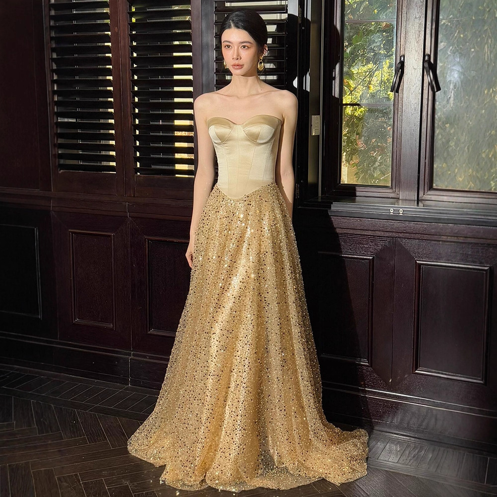 Gold Evening Dress for Women, High-End, Accessible Luxury, Niche, Classy Banquet, Coming-Of-Age Ceremony Host, Engagement Bride's Toast Dress