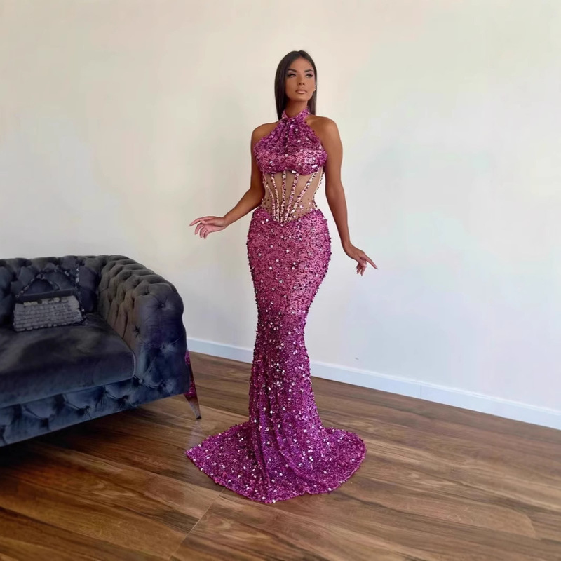 Cross-border Sexy Perspective Shiny Rhinestone Rose Sequin Non-sleeve Long dress Heavy Industry Red Carpet Party Performance Dress Cross-border Sexy Perspective Shiny Rhinestone Rose Sequin Non-sleeve Long dress Heavy Industry Red Carpet Party Performance Dress