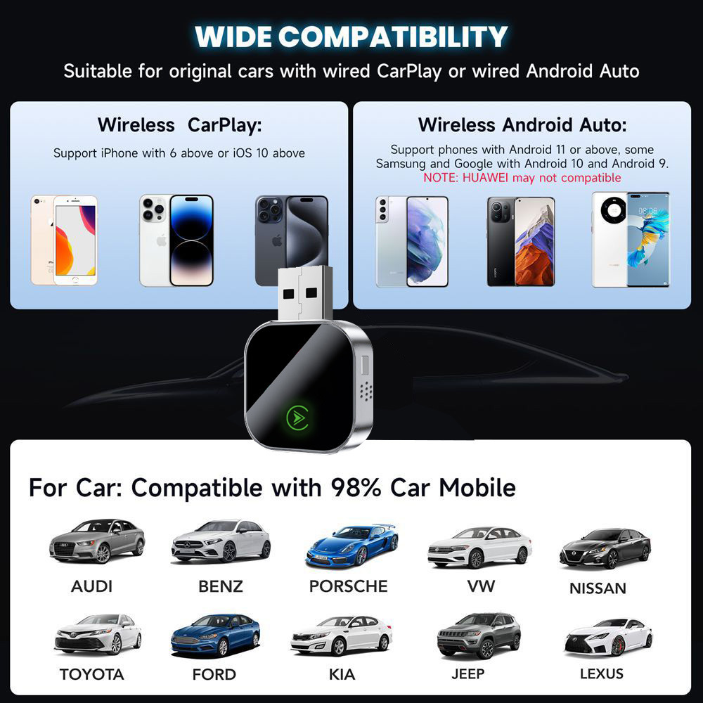 Upgraded Metal Carplay Box Wired to Wireless Android Auto Two-In-One Adapter Car Interconnection