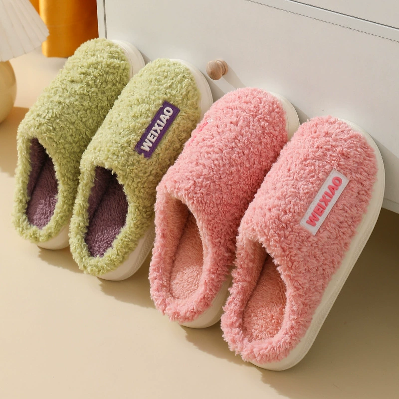 Теплые домашние женские хлопковые тапочки Maomao с толстой подошвой и двумя носками для общежития с надписью на толстой подошве, Нескользящие популярные корейские мужские