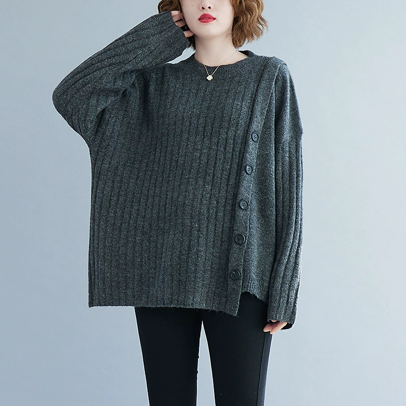 Knitted winter sweater, Korean style, round neck, plus‑size loose fit, rib knit with side buttons