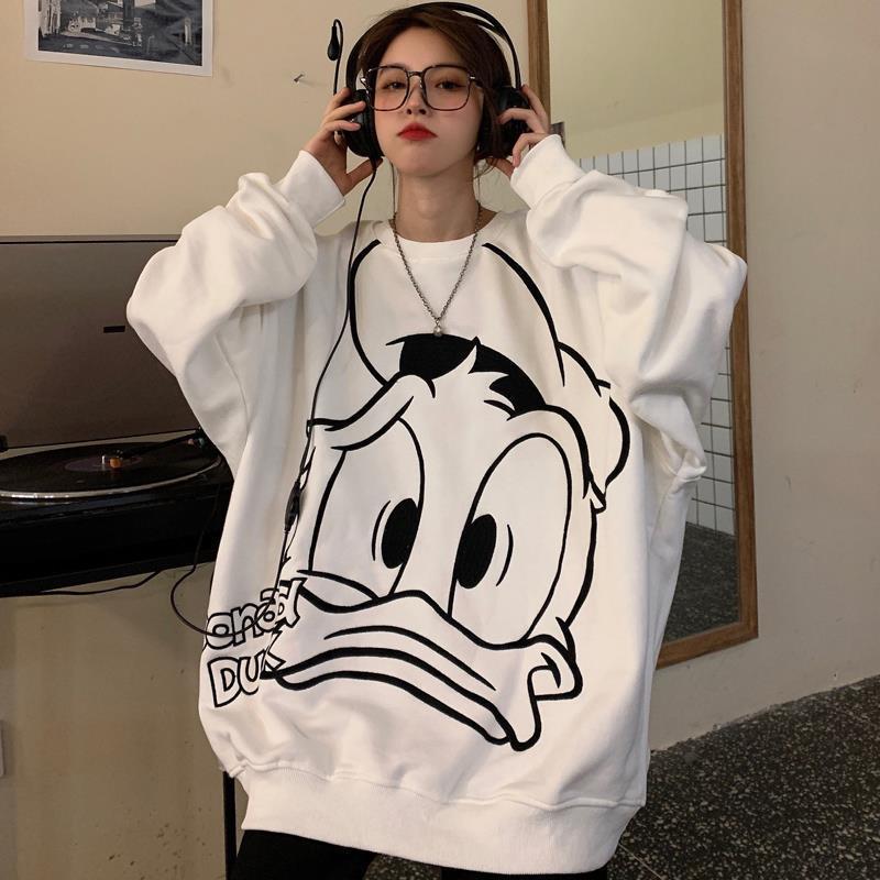 春秋薄款美式唐老鸭卫衣女学生韩版宽松潮牌百搭慵懒风上衣外套bf