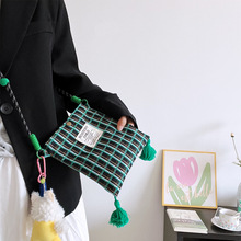 春款雪尼尔植绒绿色提花格子包小众设计款手机包迷你斜挎包遛弯包