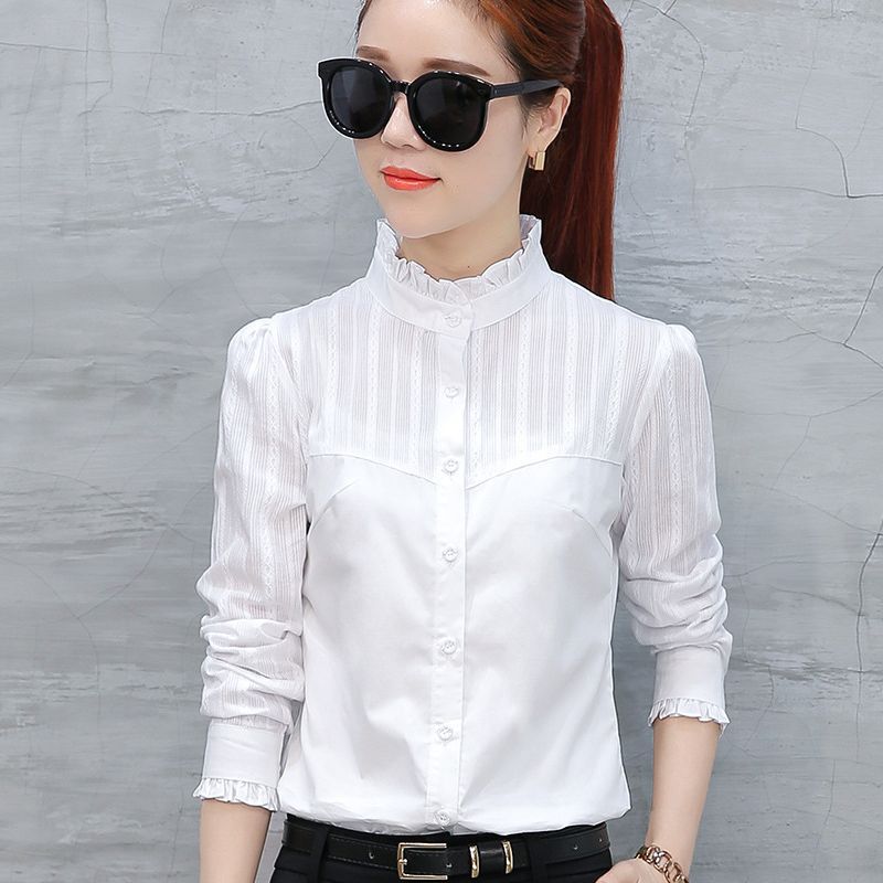Pure Cotton Shirt for Women, New Spring, Autumn, and Winter Style, Stand Collar Lace Inner Top, Fleece-Lined and Thickened, Clearance Sale, Thickened for Autumn and Winter