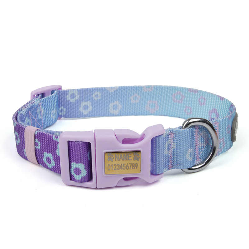 Fábrica de venta caliente perros collar de moda gradiente collar de tracción inscrito para evitar pérdida de artículos de mascotas de seguridad al por mayor