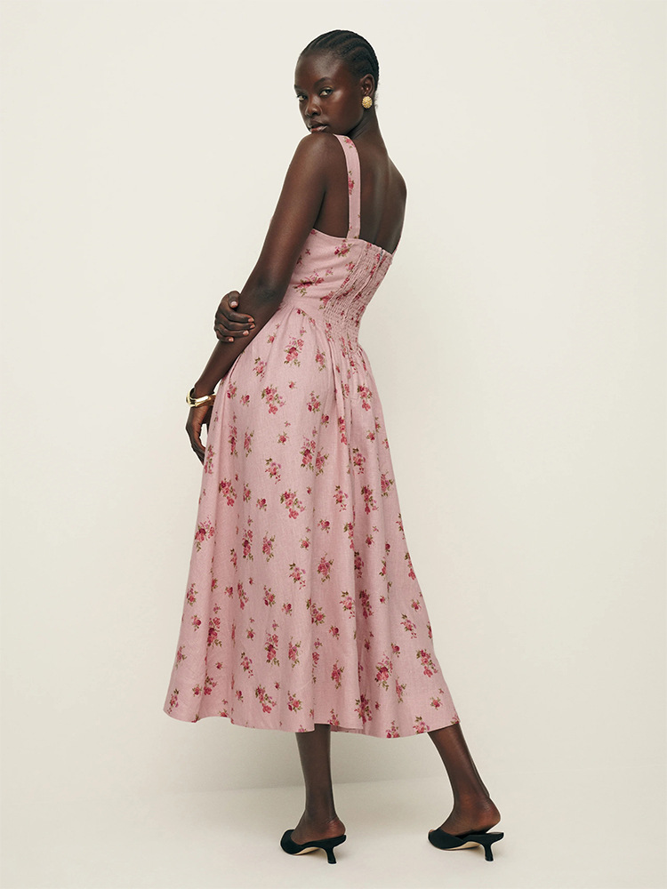 在庫あり789夏新作ref2024リネンピンクスクエアネックミドル丈リゾート風ワンピースフレンチレトロレディース