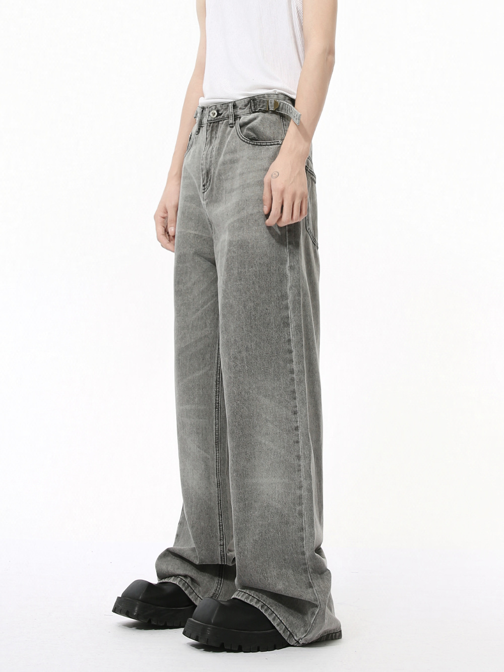 MTLCLOTHES Hombres| Otoño nuevo nicho retró cinturón ajustable rectas sueltas jeans grises