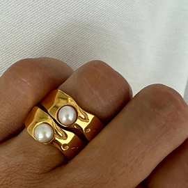 欧美网红同款INS风18K镀金不锈钢熔岩珍珠戒指时尚潮流钛钢戒指