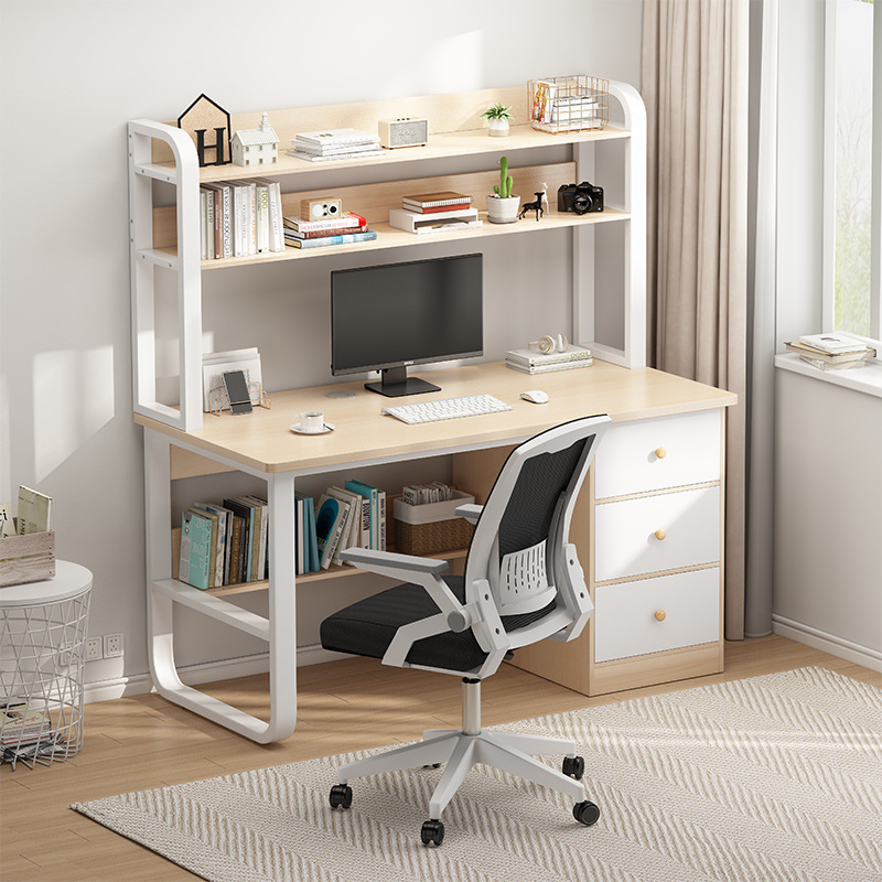 Light Luxury Steel-Wood Desk Writing Desk Home Corner Office Computer Study Table Bedroom Bookcase Bookshelf Combination