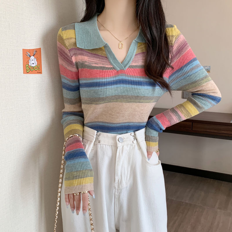 2022 Explosions Polo Collar Striped Knit Sweater Women's Early Autumn New Contrast Color Slim Fit Base Shirt Women's Inner Wear Autumn and Winter 2022 Explosions Polo Collar Striped Knit Sweater Women's Early Autumn New Contrast Color Slim Fit Base Shirt Women's Inner Wear Autumn and Winter