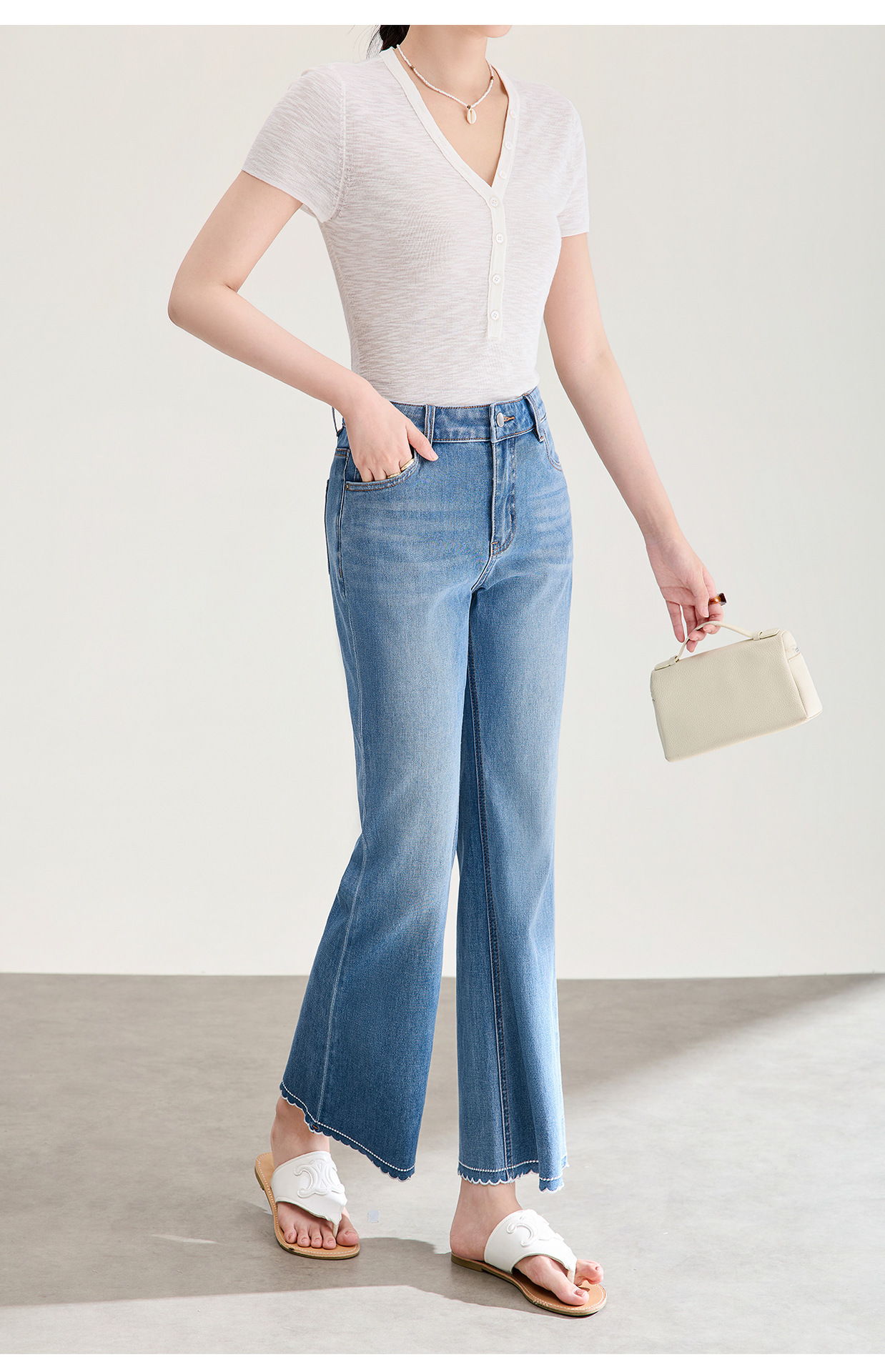 Quần jean nữ ống loe cạp cao co giãn bốn chiều vải cotton siêu mẫu — xanh lam chi tiết 24