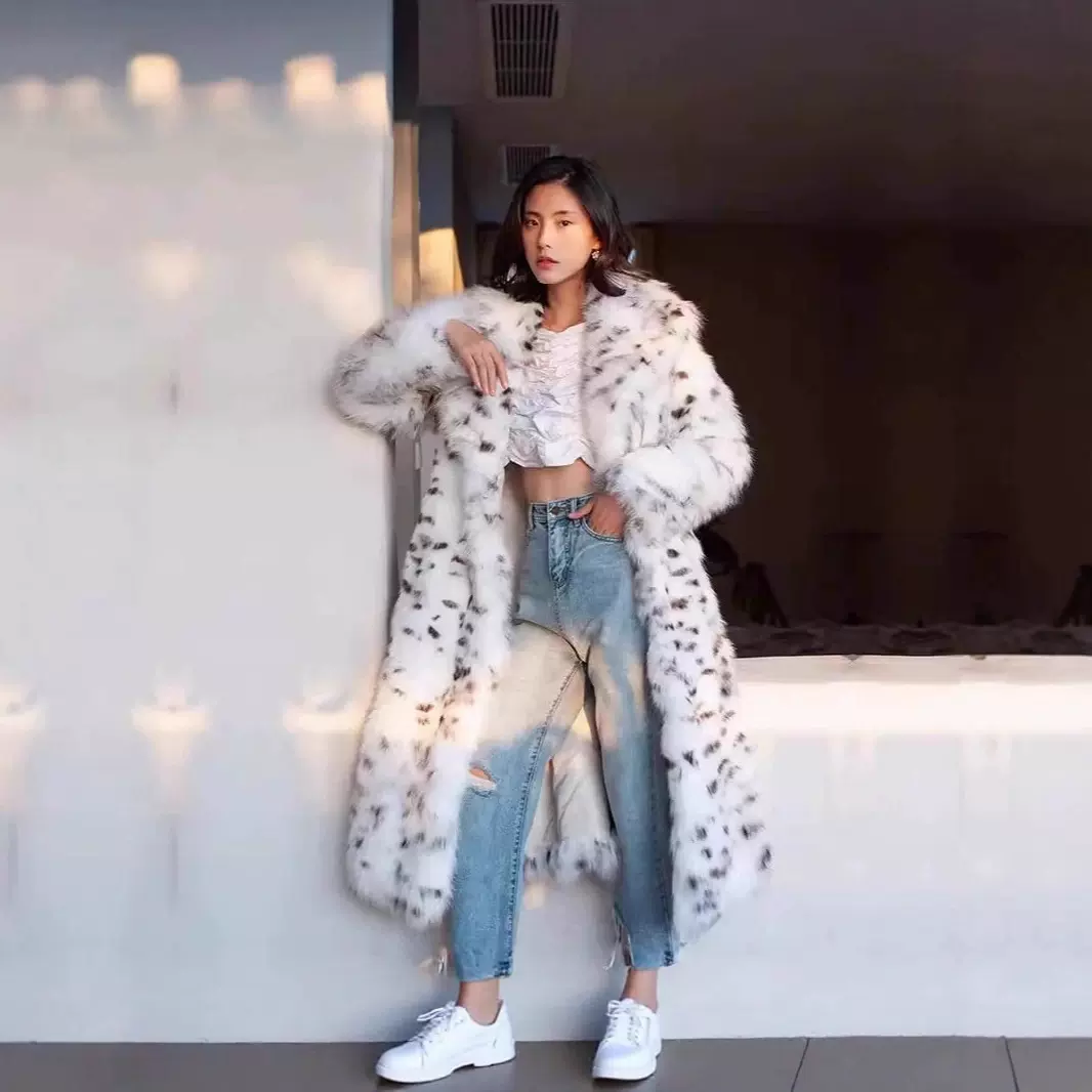 珍妮菲尔亚马逊跨境欧美皮草批发白豹纹coat人造毛皮长款外套大衣