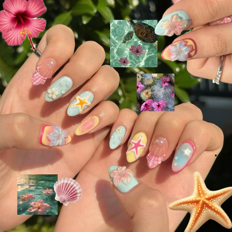 Cross-Border Macaron Beach Style 3D Gel Press-On Nails, 24-Piece Set, Cute and Atmospheric Fake Nails Wholesale Cross-Border Macaron Beach Style 3D Gel Press-On Nails, 24-Piece Set, Cute and Atmospheric Fake Nails Wholesale