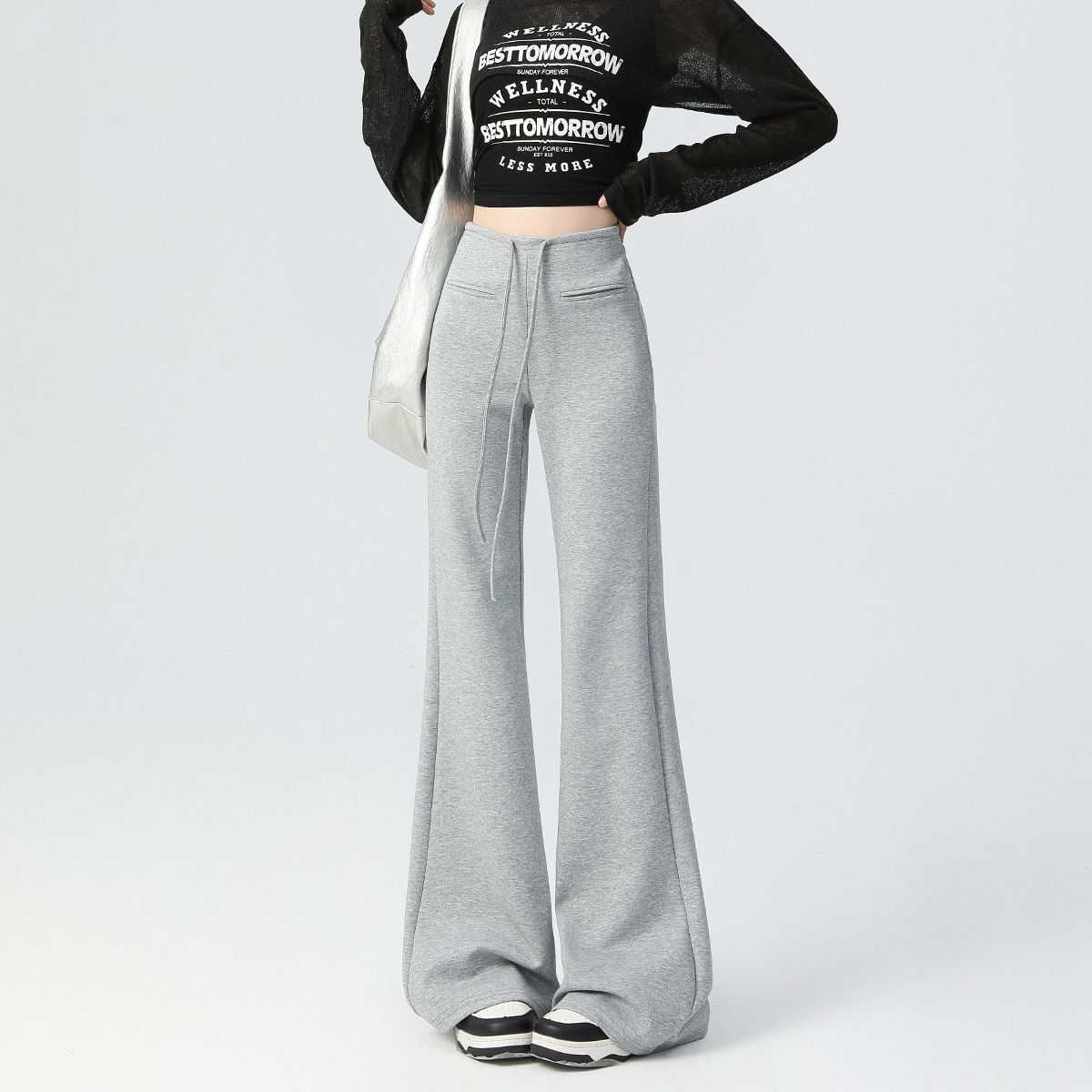 Gray Flared Casual Sweatpants for Women, New Spring and Autumn High-Waisted Slimming Drawstring Straight Wide-Leg Floor-Length Pants