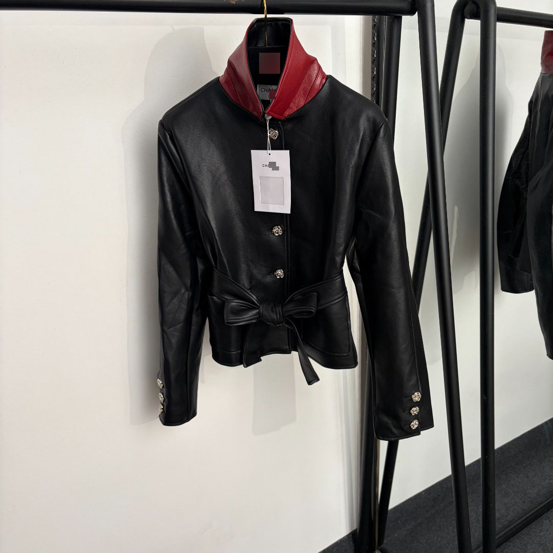 Nanyou high-end foreign trade style, elegant, slim-fit, color-blocked, stand-up collar, tie-waist, long-sleeve PU leather jacket