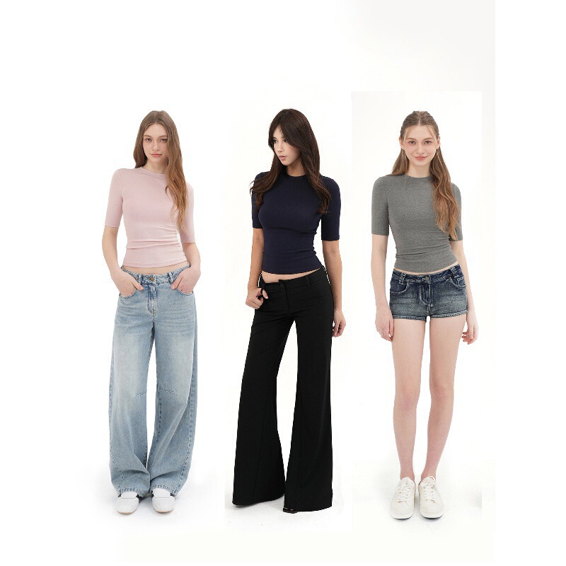 Jim Kenet basic three-color small round neck mid-sleeve slim-fit regular shoulder T-shirt