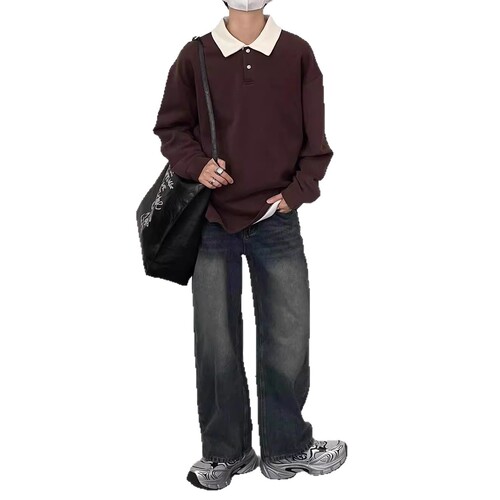 Men's Long Sleeve Sweatshirt with Collar POLO Shirt, Casual Streetwear Fashion Top for Autumn and Spring