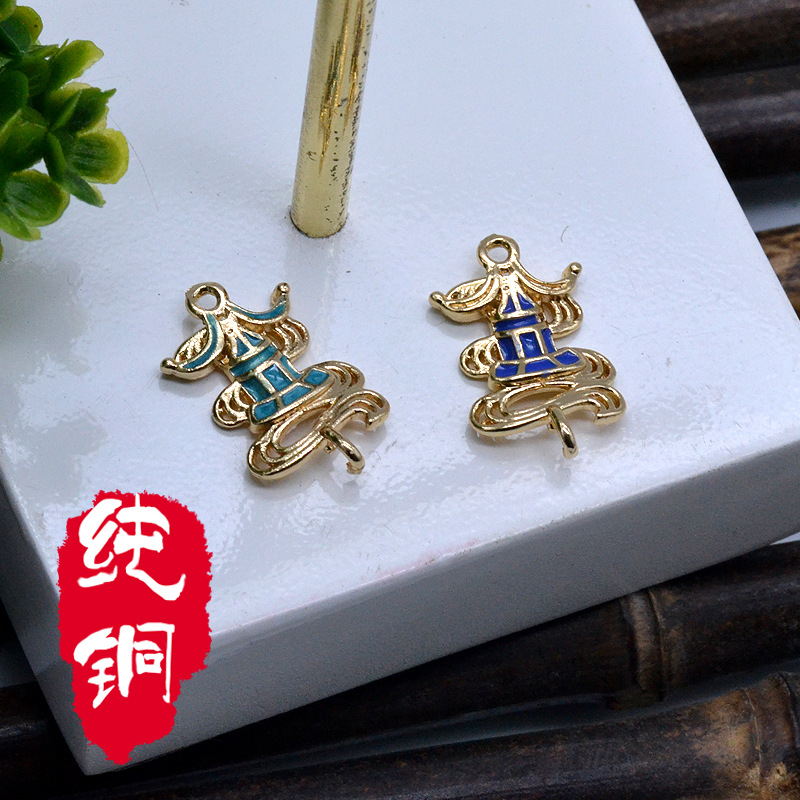 婉恋饰品60426-1纯铜景泰蓝仿点翠小亭子吊坠头饰配件12*18mm